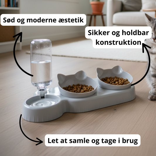3-i-1 katteskål set oppefra – automatisk vandbeholder sikrer frisk vand