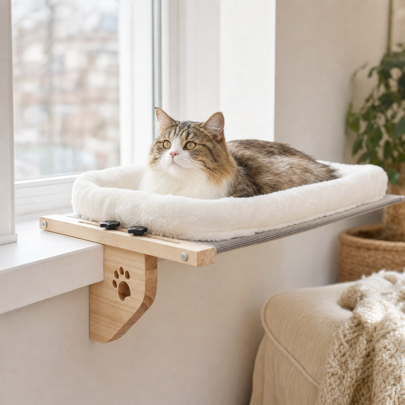 Kattehaengekoje - kat hygger ved vinduet