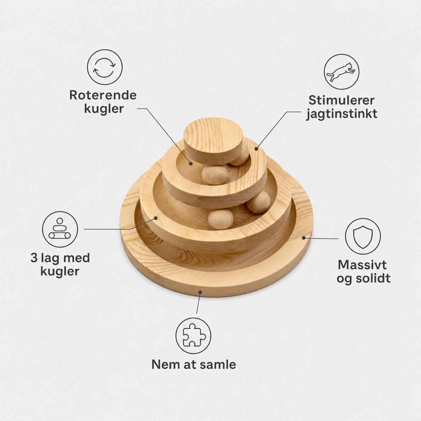 3-lags kugle-legetaarn i trae - features